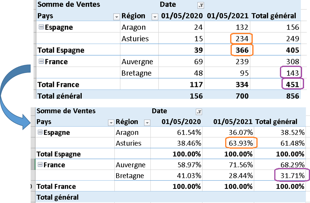 tcd afficher les valeurs en %